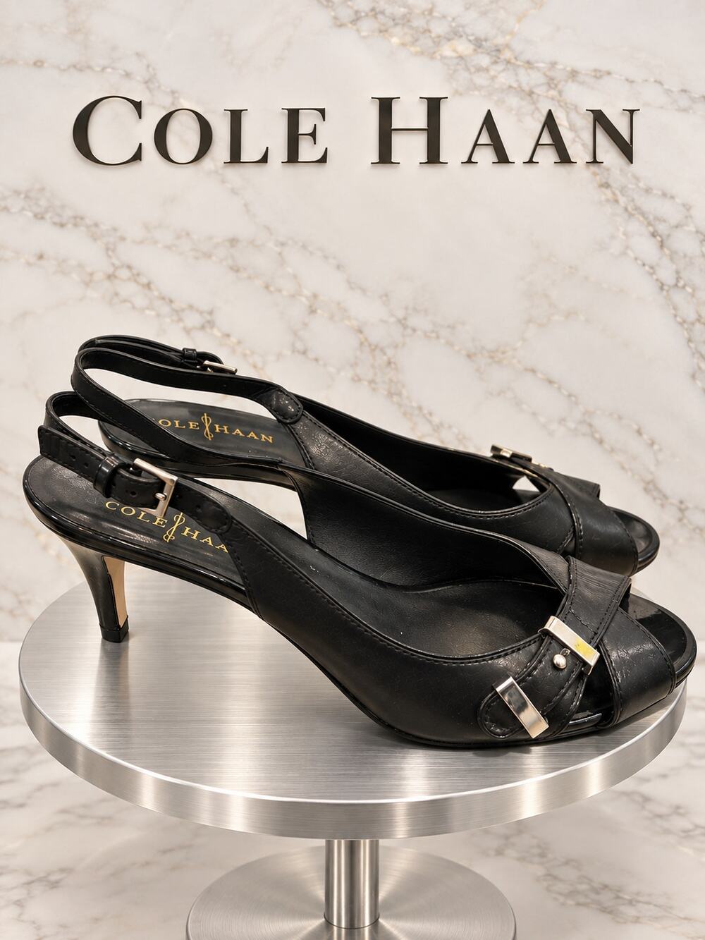 Cole Haan Nike Air Black Leather Peep Toe Slingback Heels Size 7B